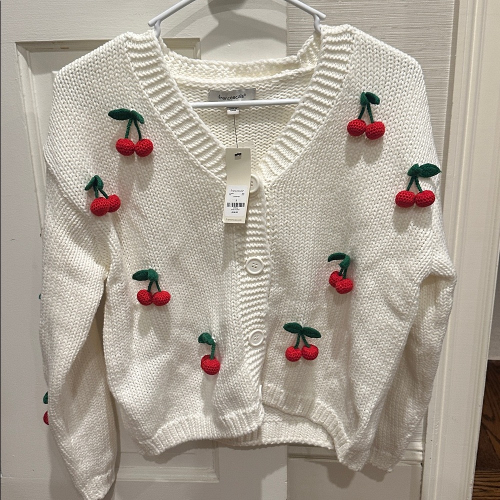 Francesca's Collections White Cardigan with Red cherries